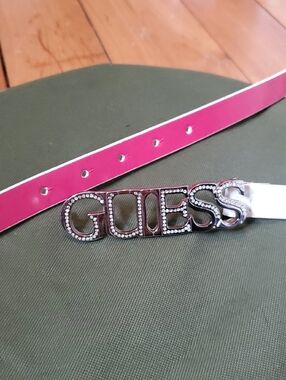 GUESS  Bright White genuine Leather Belt with Crystal-Studded Buckle Pink Lining